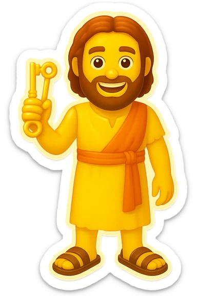 Make the colors even lighter and more saturated, matching the classic emoji yellow skin and bright robe style. Keep the sleeveless shirt and plain robes. Fullbody apostle Peter holding keys in a standing pose, no background. sticker