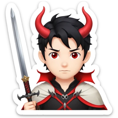 Anime devil boy with black hair, horns, and a sword sticker