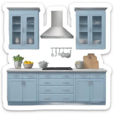 Realistic front facing hanging powder blue and silver kitchen cabinets. sticker