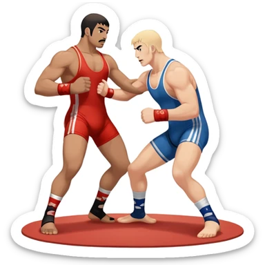 An icon showcasing two wrestlers engaged in a dynamic free wrestling match. The athletes are in mid-action, one attempting a takedown while the other defends. The background features a wrestling mat, and the fighters wear traditional singlets. Transparent background  sticker