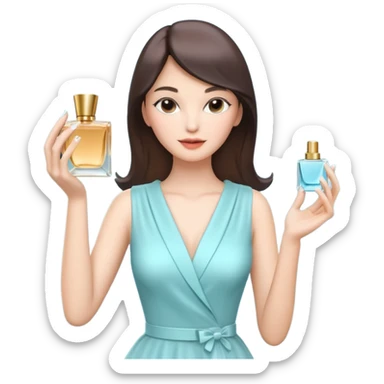 stylish woman spraying perfume, holding a perfume bottle, soft mist spray in the air, elegant pose, 3D cartoon, mobile game icon style, clean background, no text, no watermark

 sticker