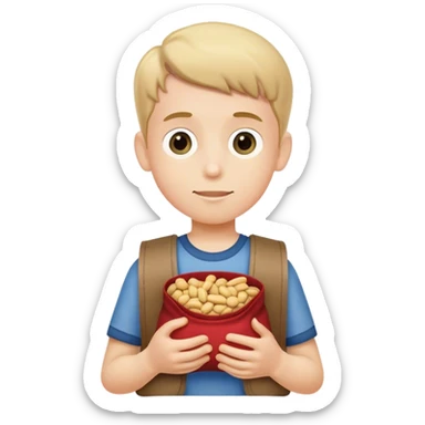 Boy holding a small bag of peanuts sticker