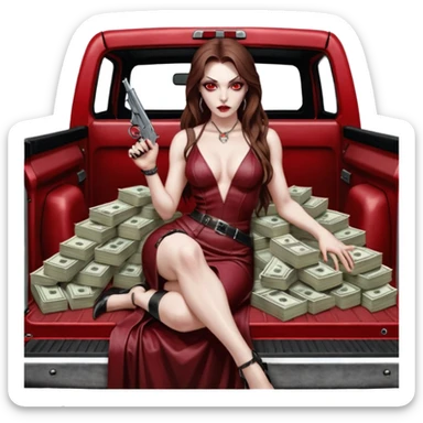Lilith red eye seductress evil long brown haired sexy succubus woman with leather long dress with slit on, sitting in Big Large F350 pickup truck. Back seat full of stacks of cash, she is  Holding a human skull of her enemies and a gun in other hand sticker