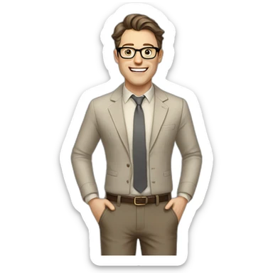 Joyful Full height Pale skinned Fit Man With dark brown hair in gray classic jacket, beige office shirt, Brown pants and vintage glasses. His thrumbs up sticker