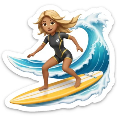 High-resolution detailed emoji of a wingfoil surfer girl, vibrant and expressive style. She is riding a hydrofoil board above ocean waves, holding an inflated wing sail overhead.  sticker