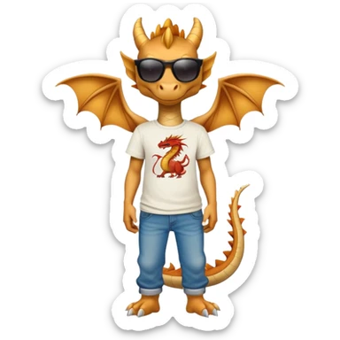 friendly anthropomorphised dragon in a hip-hop t-shirt and jeans wearing dark sunglasses sticker