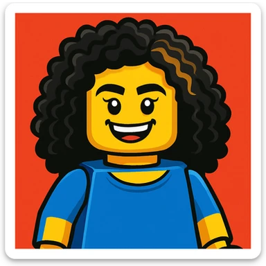 Transform the face in the reference image into a LEGO minifigure head and upper body. Keep the hair and smile exactly as shown, including the small section of hair that is a different color. Render in a bright, playful LEGO style with vivid colors and simple, blocky shapes typical of LEGO minifigures. sticker
