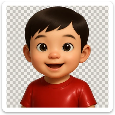 Edit the cute Asian baby boy emoji by changing the shirt color to red while keeping the rest of the emoji unchanged. Use a soft glossy texture and make the style about 80% realistic. The background should be transparent (no background). sticker