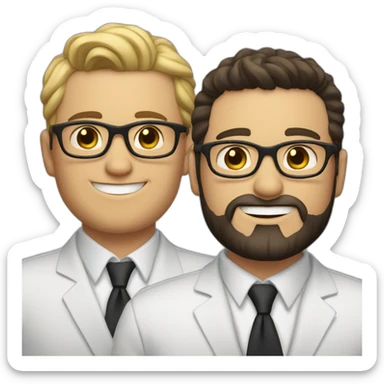 two groom, one with a dark beard and glasses and the other beardless with light hair and white skin sticker