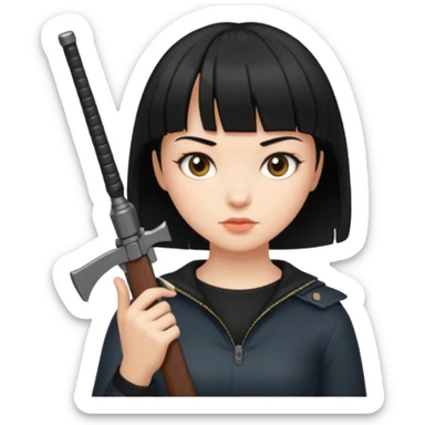 Hace un emoji de una chica de pelo corto negro y fleco finito , con un arma  sticker