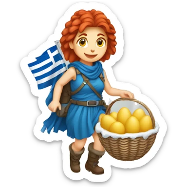 Greek red hair female winter mountaineer climbing with Easter eggsbasket and Greek flag sticker