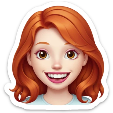 Young girl with pale skin, longer face, full pink lips smiling with big teeth, very long ginger red hair, big brown eyes, bigger nose, big mouth sticker