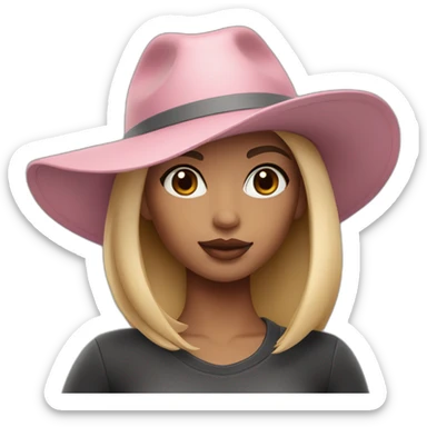 memoji stylish girl with blonde hair in a gradient with plump lips of soft pink color with wide eyebrows of dark gray color in a Prado brand hat. sticker
