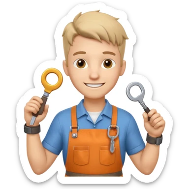 locksmith portrait, head and shoulders only, wearing work apron collar, holding a key near face, friendly confident smile, tool belt strap visible, 3D cartoon, mobile game icon style, clean background, no text, no watermark

 sticker
