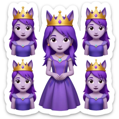  a cute princess wearing a purple dress and crown with purple hair and purple wolf ears and purple wolf tail character. Each square shows the character doing different actions against a white background And make a gap between each illusion sticker