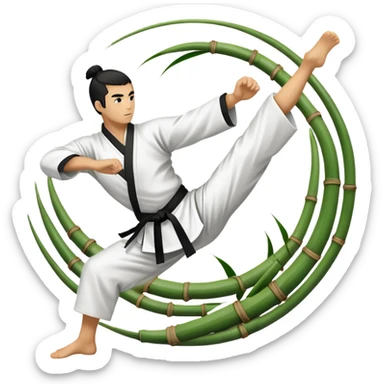 An icon symbolizing Eastern martial arts in the style of an emblem, featuring a black-and-white Yin-Yang symbol at the center. A martial artist is performing a fluid kick, surrounded by elements like a dojo and bamboo. Transparent background highlights balance and harmony. sticker