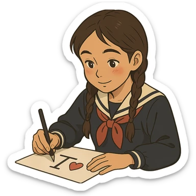 Kazakh girl in Korean school uniform, drawing a T with a heart on paper in ghibli style sticker