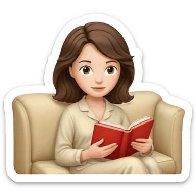 Woman with brunette hair reading on sofa. Soft wavy hair. Beige ivory pyjamas  sticker