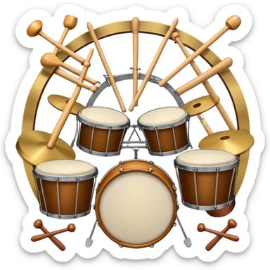 Create a professional, emblem-like emoji representing percussion instruments, including both traditional and folk drums. Feature a snare drum, bass drum, timpani, cymbals, marimba, tambourine, djembe, bongos, cajón, triangle, castanets, and ratchets in a balanced, heraldic composition. Crossed drumsticks at the center symbolize rhythm, while a ribbon of musical notes weaves around the instruments. Use rich gold, mahogany, and silver tones with polished highlights. Add laurel wreaths and subtle engravings for a grand, festive feel. The design should be harmonious, visually complete, and on a transparent background. sticker