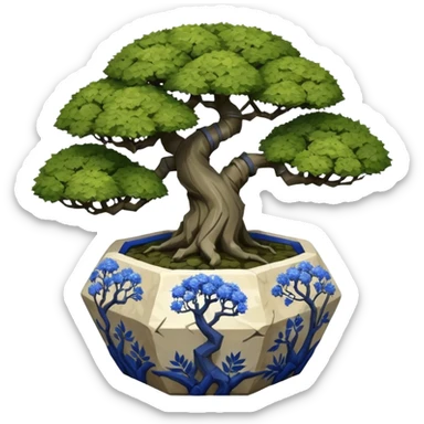 American very old broken cracked intricate Stone Age rocky-crusted dodecahedron-shaped shallow dark moss rough bark blue willow flower maple tree bonsai pot sticker