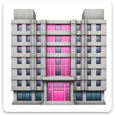 Brutalist concrete government building with one distinctive pink window and many standard windows sticker