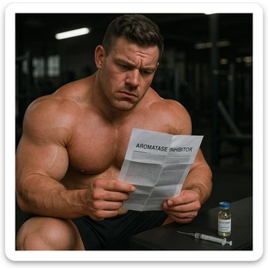 realistic beginner bodybuilder reading leaflet of aromatase inhibitor, vial of testosterone nearby, swollen muscles but red skin, doubtful atmosphere, gym background, 4K quality sticker