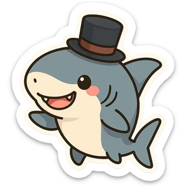 a fun and whimsical shark wearing a top hat, playful and cute character, chibi stickers style sticker