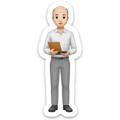 man mid 30's shirt and trousers balding hairline standing holding a clipboard sticker