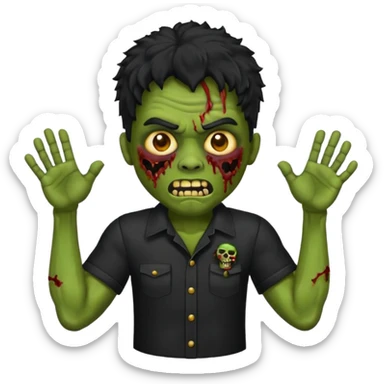 Emoji masculino de zumbi estilo iPhone,com cabelo ondulado grande e preto, camisa preta e brincos sticker