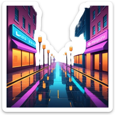 Empty neon-lit city streets glowing at night, white light reflecting sharply on wet pavement sticker