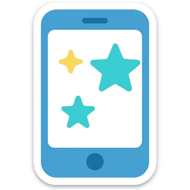 Smartphone icon with three stars, flat emoji style, outline with blue and turquoise colors, screen filled solid white sticker