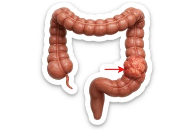 colon umano anatomico realistico malato di cancro, fai un punto visibile in cui si nota proprio la massa tumorale, iperrealistico 4k sticker