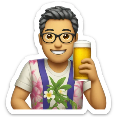Japanese wearing glasses alohashirt is holding beer sticker
