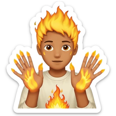 A boy with his entire hands made out of fire sticker