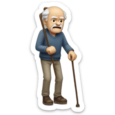 Old man leaning on a walking cane and holding his crancky back with his hand, grumpy face, detailed sticker
