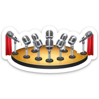 Create a vibrant and dynamic emoji that represents choral vocal performance. The design should feature 10 vintage stage microphones arranged in a semi-circle on a concert stage, symbolizing a vocal group or choir. Add musical notes flowing around the microphones to represent harmony and unity in the performance. Include concert lighting and a celebratory atmosphere to convey the excitement of live music. Use bright, bold colors like red, gold, and silver to emphasize the energy and glamour of the stage. The background should be transparent. sticker
