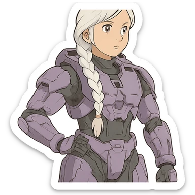 female, wearing reach spartan armor default, long white braid hair, gold yellow eyes, attention pose, halo series, no helmet, the armor is lavender color scheme and has no shoulder pad attachments sticker