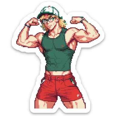Man with black and white cap, bare torso, red shorts, clear glasses, messy light blond mullet hairstyle, flexing muscles sticker