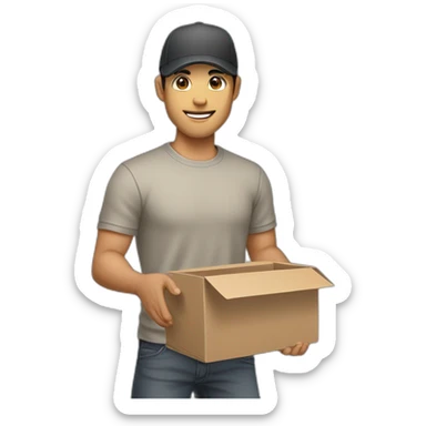 Tan skinned fit Man with black hair in a dark gray cap, gray jeans and beige polo T-shirt keeping a pasted box into his hands sticker