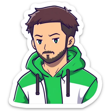 anime style man with short full beard, dark brown undercut hairstyle, white hoodie, and green eyes sticker