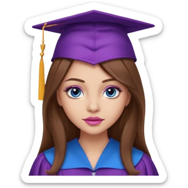 girl with gorgeous long brown hair, blue eyes, long lashes makeup, sexy pink lips, wearing a purple graduation cap and gown sticker