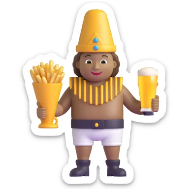 Manneken Pis statue with golden beer mug in one hand, large cone of fries in the other, cheerful sticker