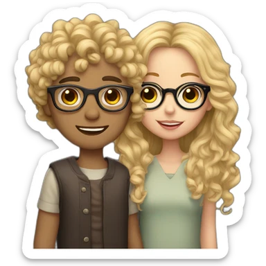 Boy curly blonde hair and glasses kissing girl wavy black hair and glasses sticker