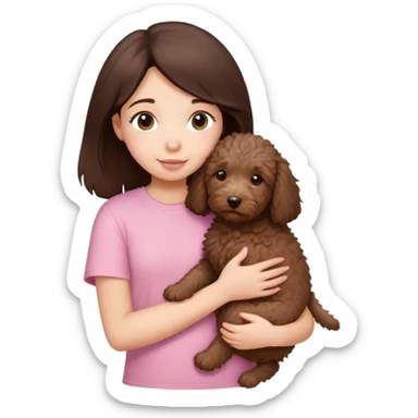 One girl with medium long dark brown hair dressing baby pink T-shirt, hugging One little brown coated labradoodle. sticker
