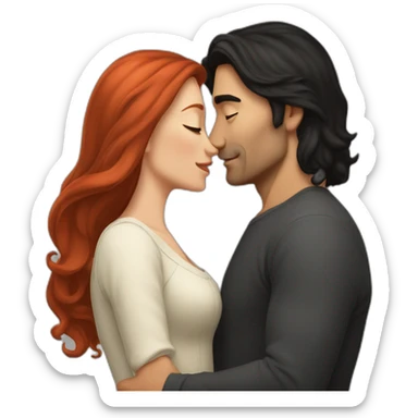 man with long black hair and no beard kissing with shorter long red-hair woman sticker