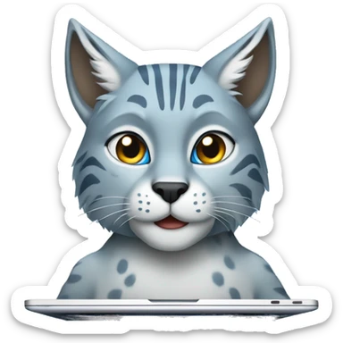 A blue lynx with a laptop sticker