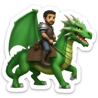Determined armored White Man with dark brown pompadour hair and a short beard riding on the back of a giant green dragon sticker