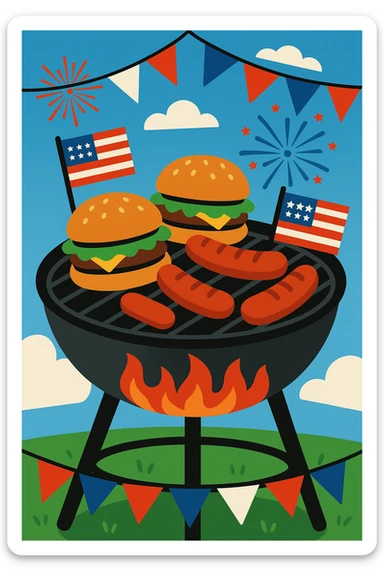 barbecue grill with burgers and hot dogs, 4th of July, summer, festive sticker