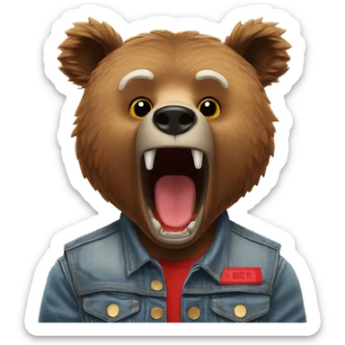 grizzly bear wearing sleeveless jean jacket and red headband with open mouth sticker
