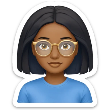 a young black woman with medium deep skin, 4c hair, black hair, golden glasses, a blue t-shirt, no make up, black eyes, small closed-mouth smile, medium close-up position. sticker